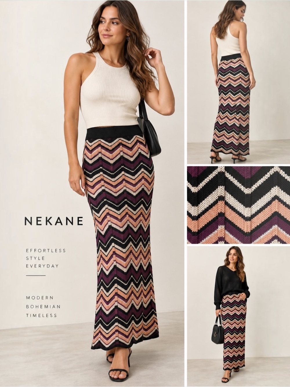 Nekane Chevron Knit Maxi Skirt Purple Black Peach Cream S M NWT